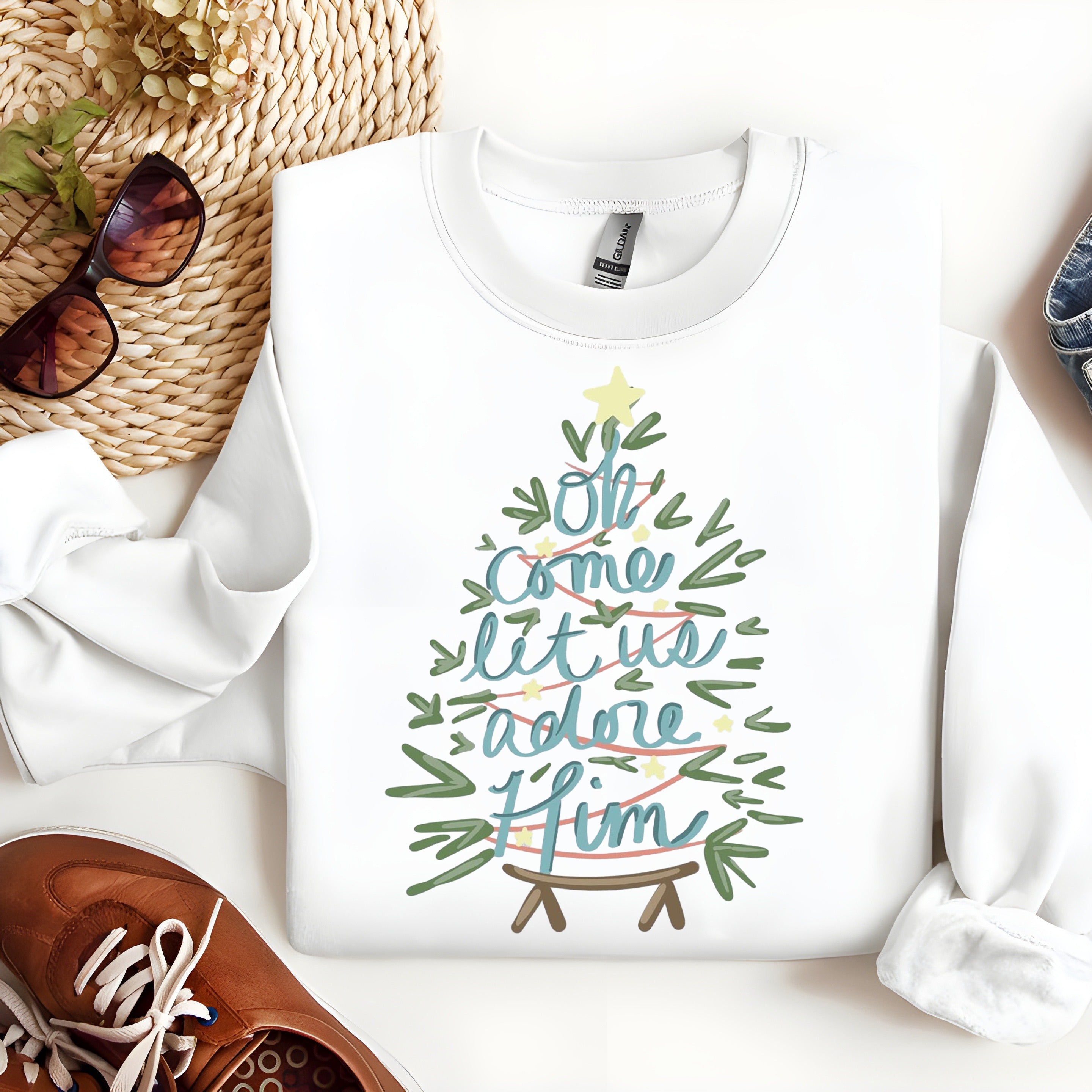 Christian Christmas Sweatshirt, Oh Come Let Us Adore Him Sweater, Religious Holiday Shirt, Faith Based Christmas Outfit for Women Men